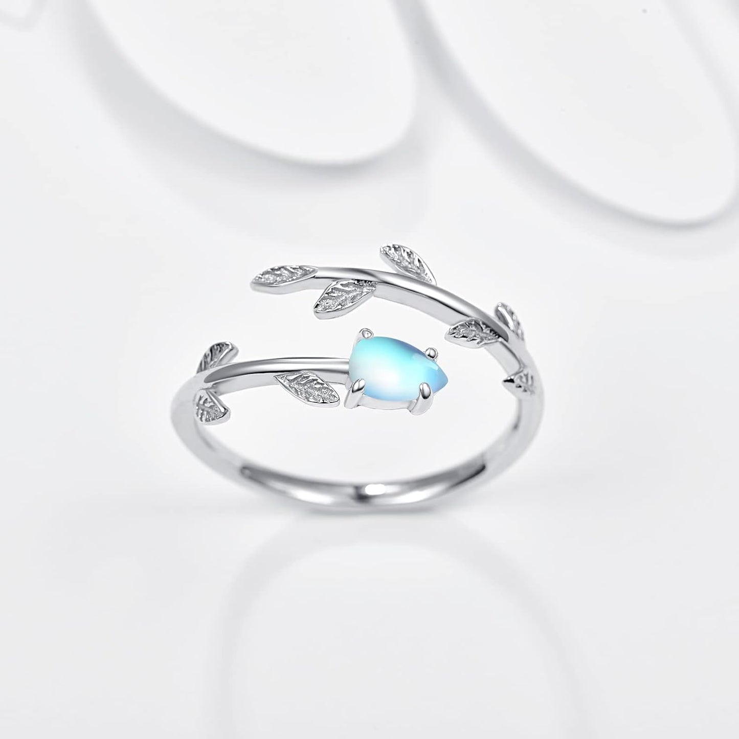 925 Sterling Silver Leaf Ring White Opal Moonstone Rings Adjustable Open Ring for Women with Jewelry Box Size 7-9