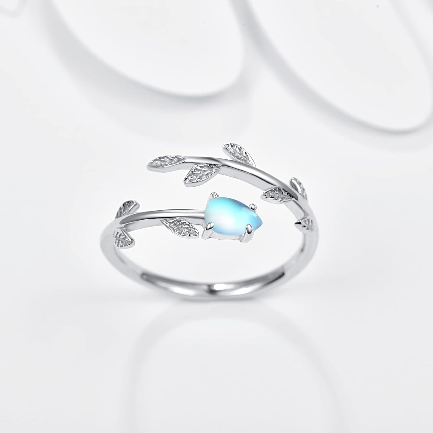 925 Sterling Silver Leaf Ring White Opal Moonstone Rings Adjustable Open Ring for Women with Jewelry Box Size 7-9