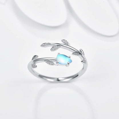 925 Sterling Silver Leaf Ring White Opal Moonstone Rings Adjustable Open Ring for Women with Jewelry Box Size 7-9