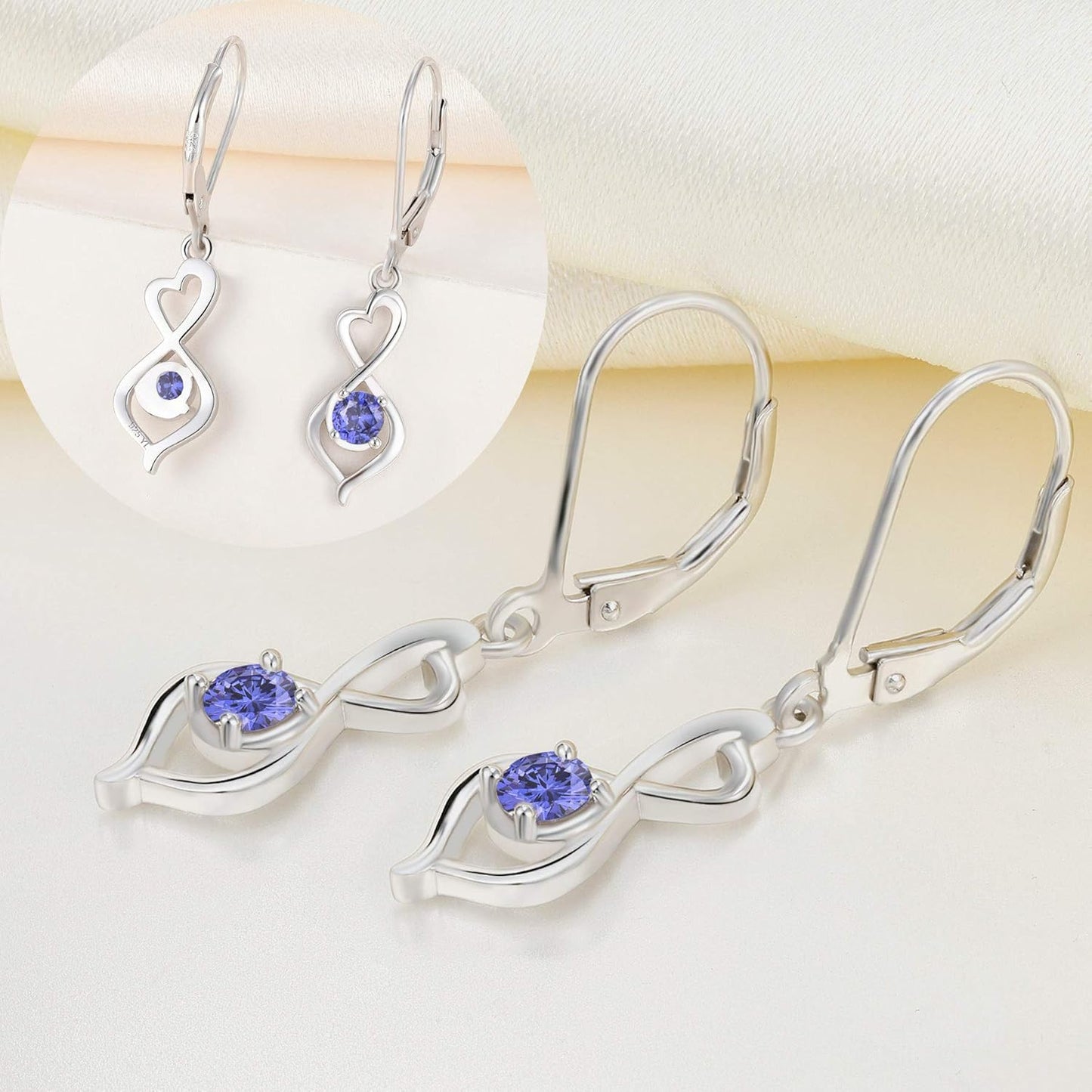 Heart Dangle Drop Earrings 925 Sterling Silver Infinity Leverback Earrings Birthstones Twisted Jewelry for Women