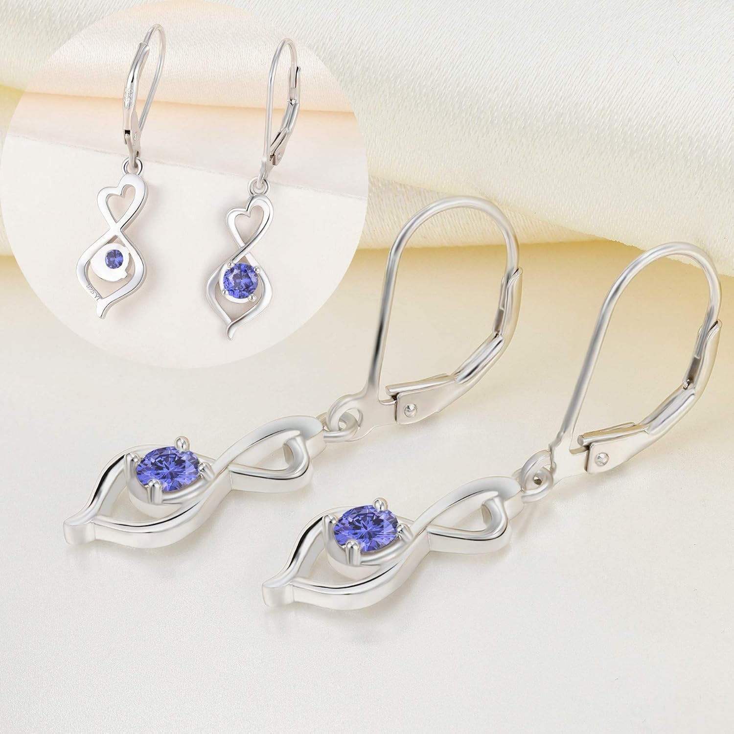 Heart Dangle Drop Earrings 925 Sterling Silver Infinity Leverback Earrings Birthstones Twisted Jewelry for Women