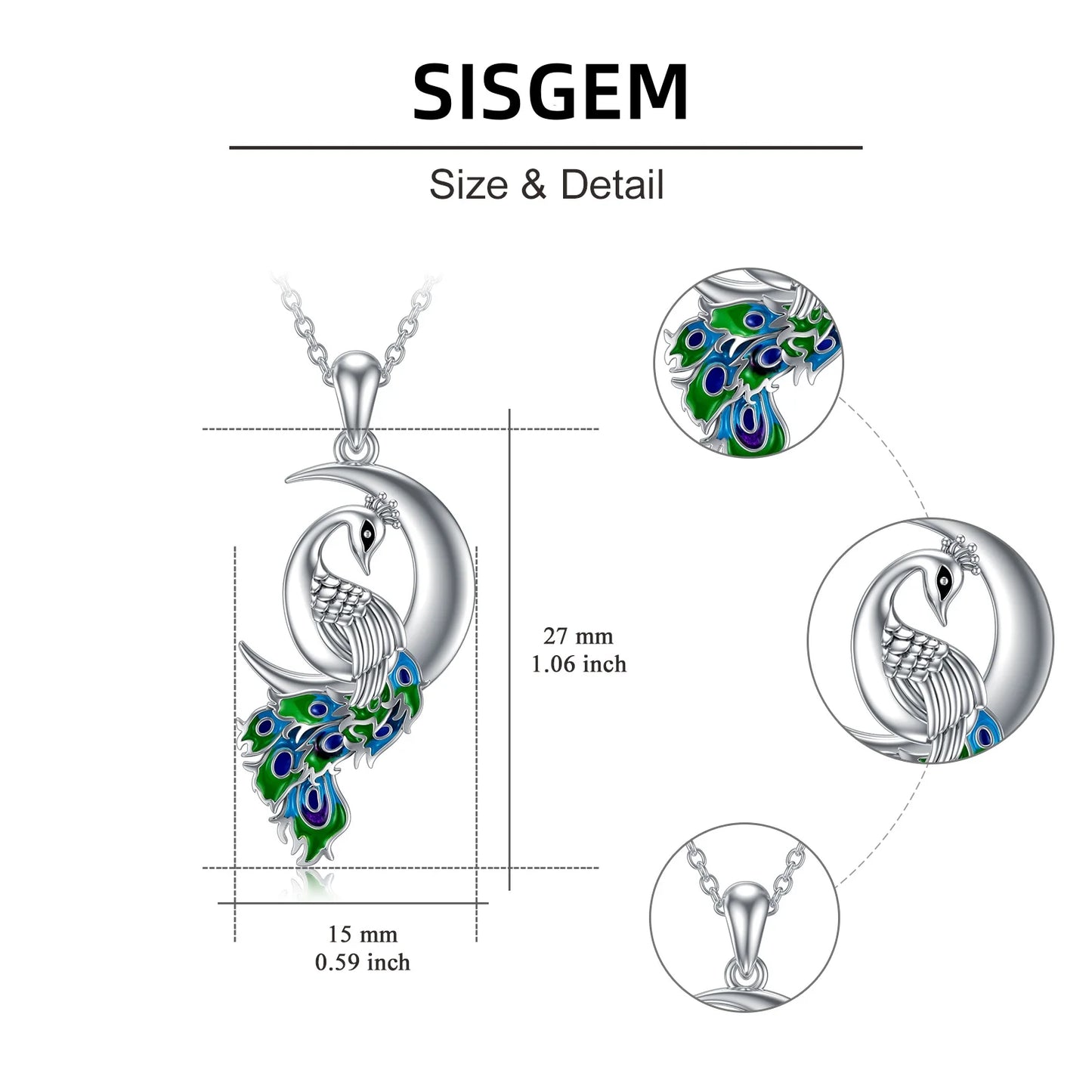 Peacock Moon Crystal Necklace 925 Sterling Silver Crescent Half Moon Pendant Peafowl Lover Anniversary Jewelry Gifts for Women