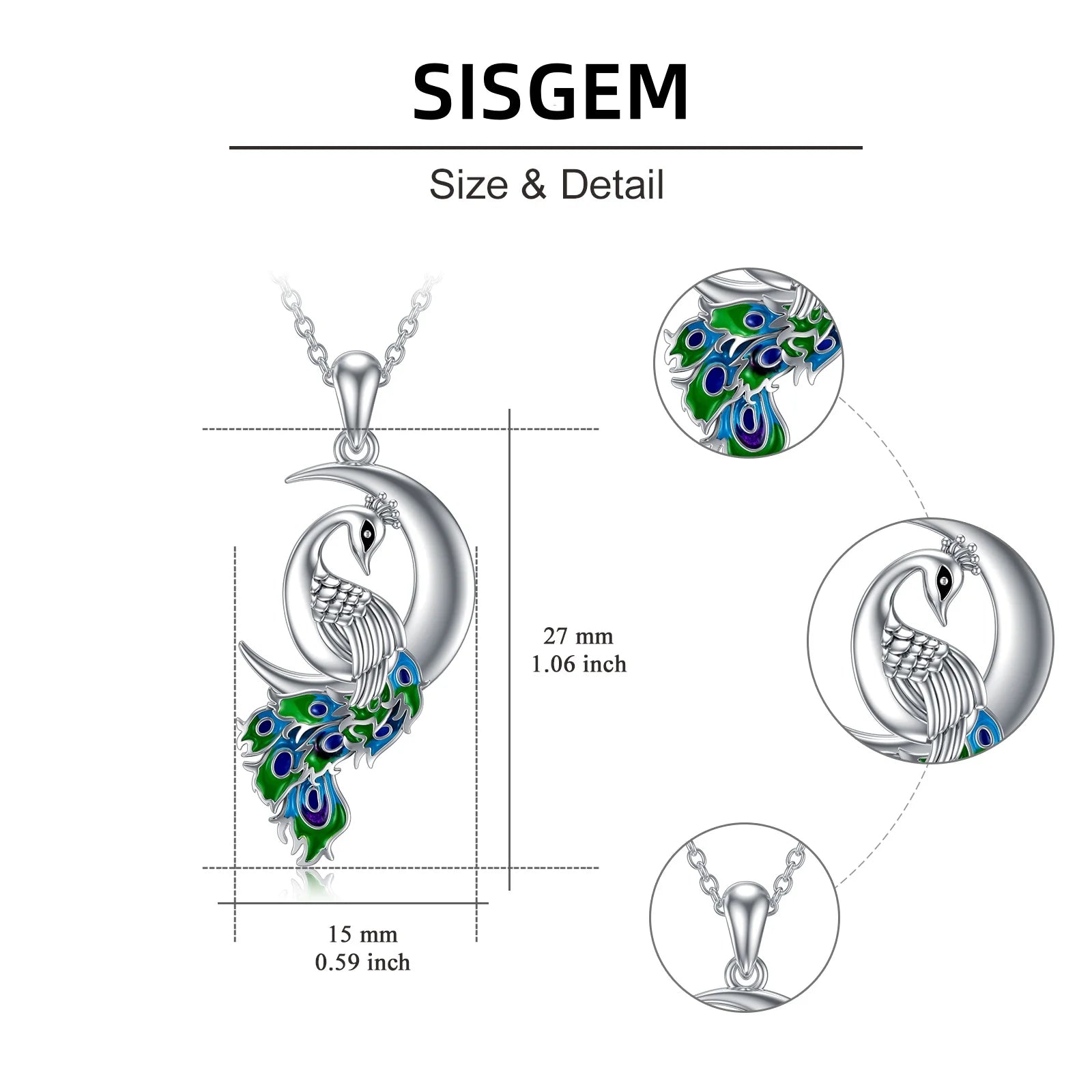 Peacock Moon Crystal Necklace 925 Sterling Silver Crescent Half Moon Pendant Peafowl Lover Anniversary Jewelry Gifts for Women