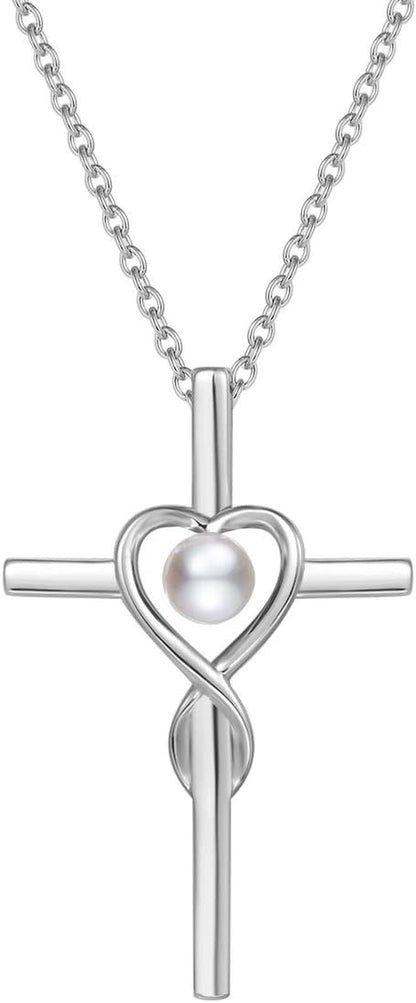 Birthstone Cross Necklace for Women Birthstone Necklace Heart Infinity Cross Pendant Necklace Fine Jewelry Christmas Birthday Holiday Gifts for Her, 16"+2" Inches