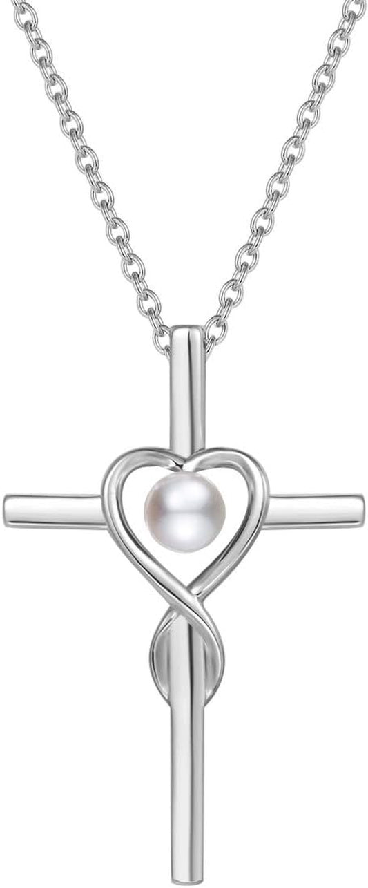 Birthstone Cross Necklace for Women Birthstone Necklace Heart Infinity Cross Pendant Necklace Fine Jewelry Christmas Birthday Holiday Gifts for Her, 16"+2" Inches