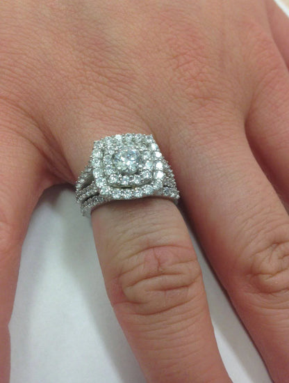 Pompeii 2 Cttw Diamond Cushion Double Halo Engagement Wedding Ring Set 10K White Gold