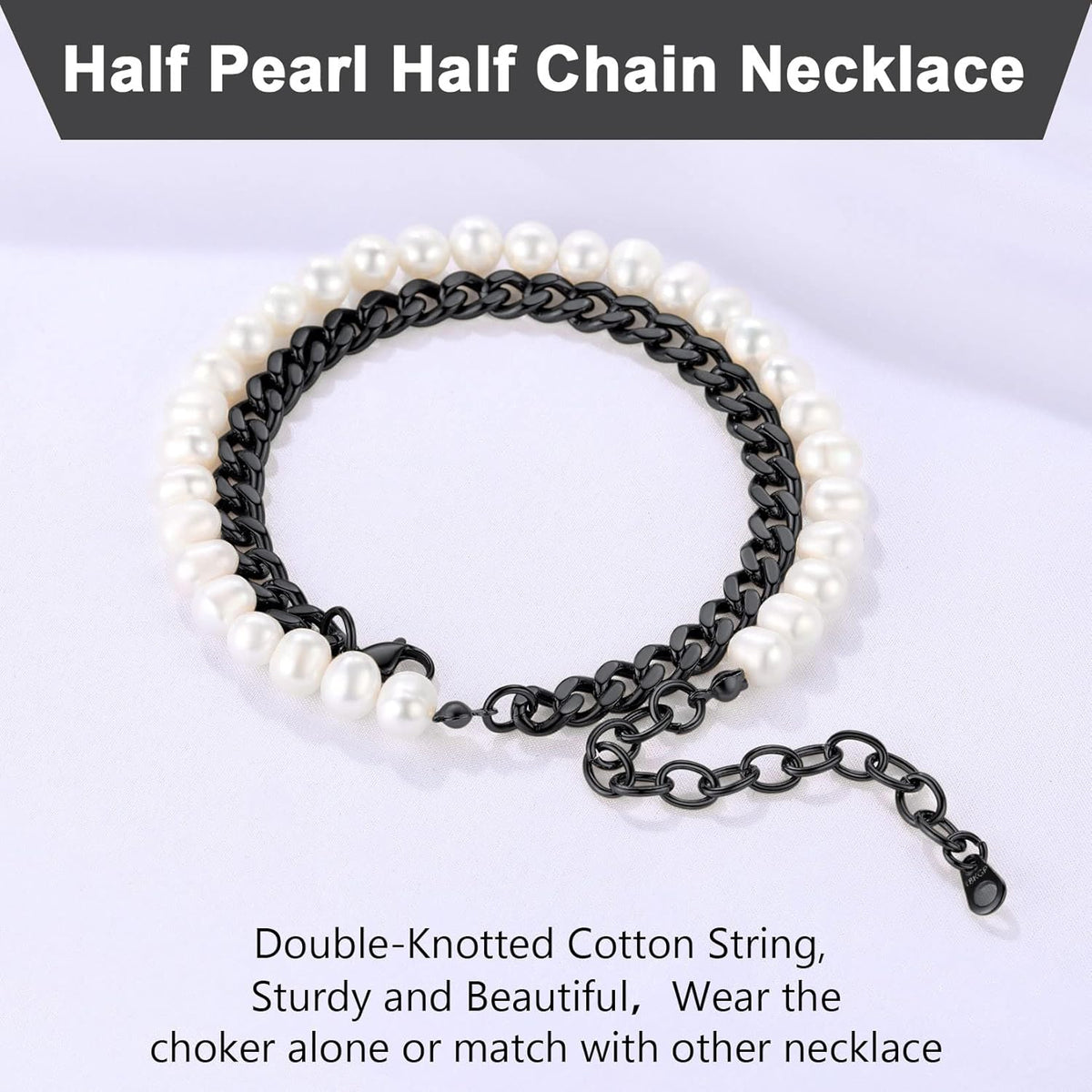 Pearl Necklaces for Men Women, Freshwater Cultured Pearl Strand, Faux Pearl, Baroque Pearl Necklace, Half Pearl Half Chain Necklace, Color White or Black Pearl Chokers
