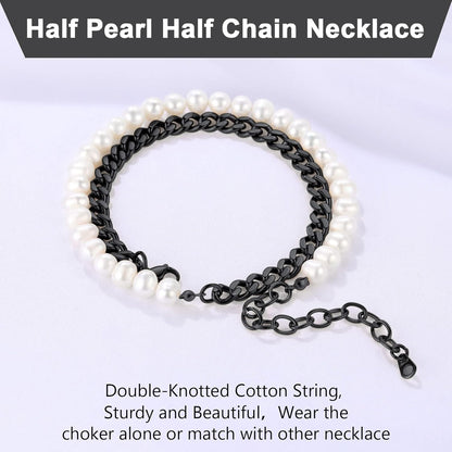 Pearl Necklaces for Men Women, Freshwater Cultured Pearl Strand, Faux Pearl, Baroque Pearl Necklace, Half Pearl Half Chain Necklace, Color White or Black Pearl Chokers