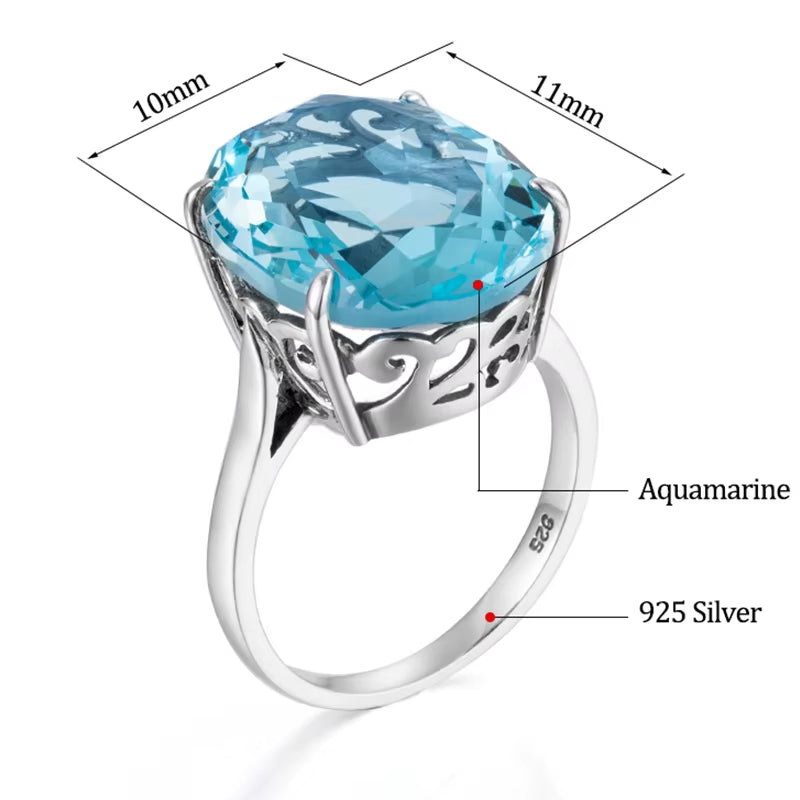 Hot Oval Aquamarine Rings 10Ct Gemstone March Birthstone 925 Sterling Silver Romantic Woman Ring for Wedding Engagement