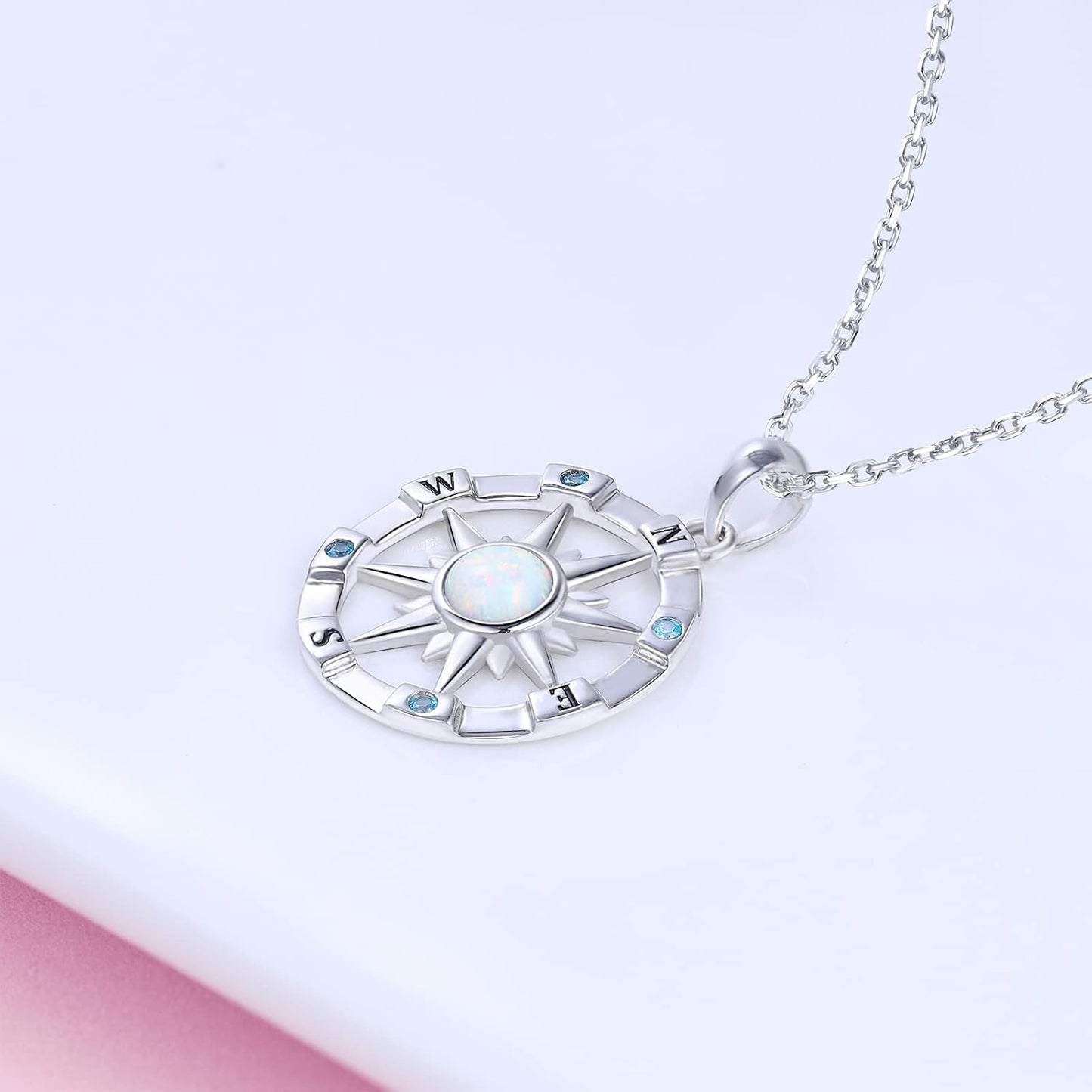 Sterling-Silver Opal Compass Necklace for Women - Inspirational Nautical Dream Compass Pendant，Created Opal Necklaces for Women Mother'S Day and Graduation Jewelry Gifts (Opal and CZ)
