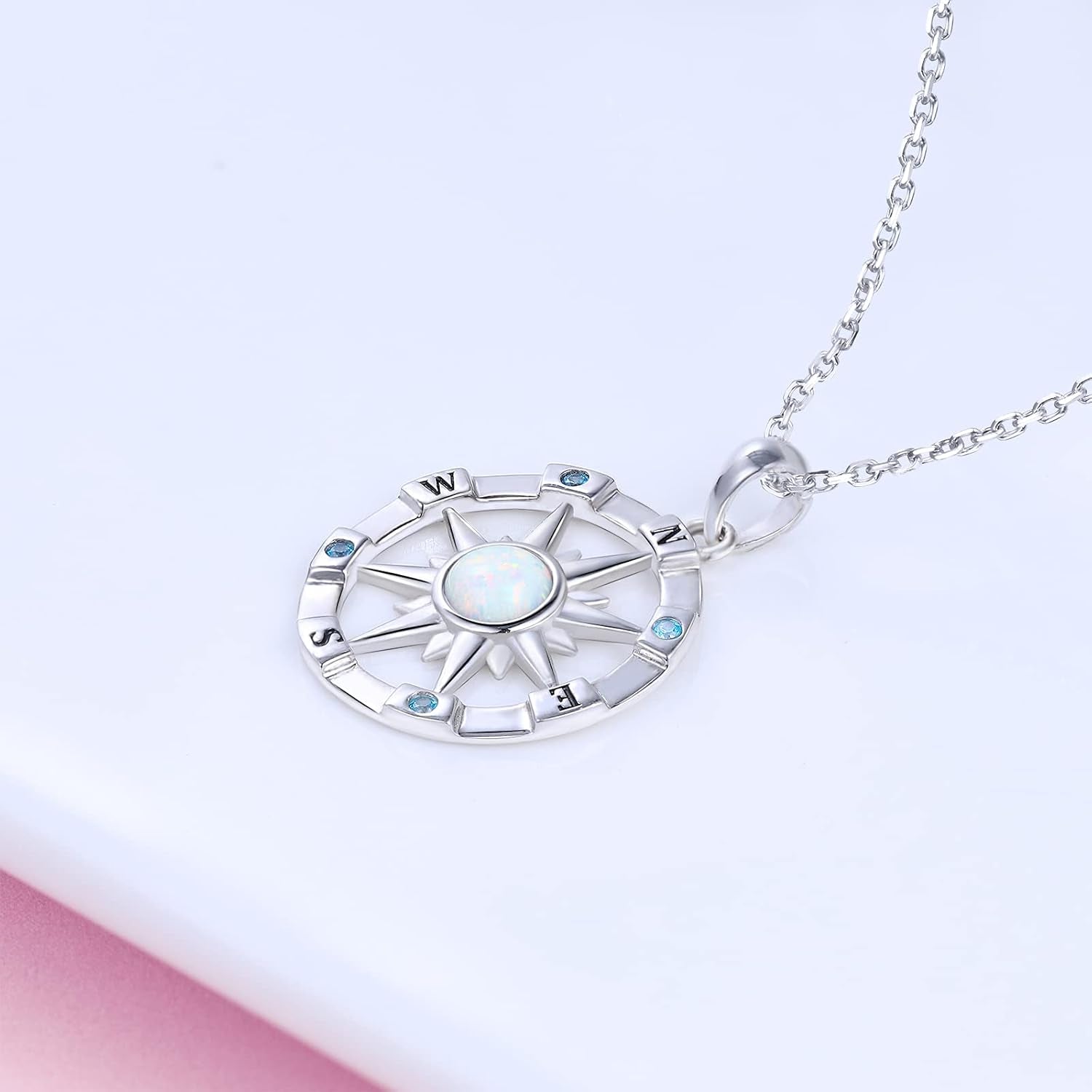 Sterling-Silver Opal Compass Necklace for Women - Inspirational Nautical Dream Compass Pendant，Created Opal Necklaces for Women Mother'S Day and Graduation Jewelry Gifts (Opal and CZ)