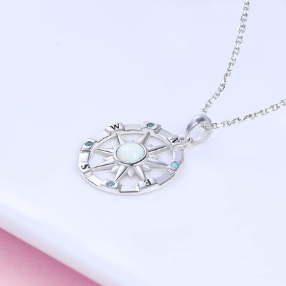 Sterling-Silver Opal Compass Necklace for Women - Inspirational Nautical Dream Compass Pendant，Created Opal Necklaces for Women Mother'S Day and Graduation Jewelry Gifts (Opal and CZ)