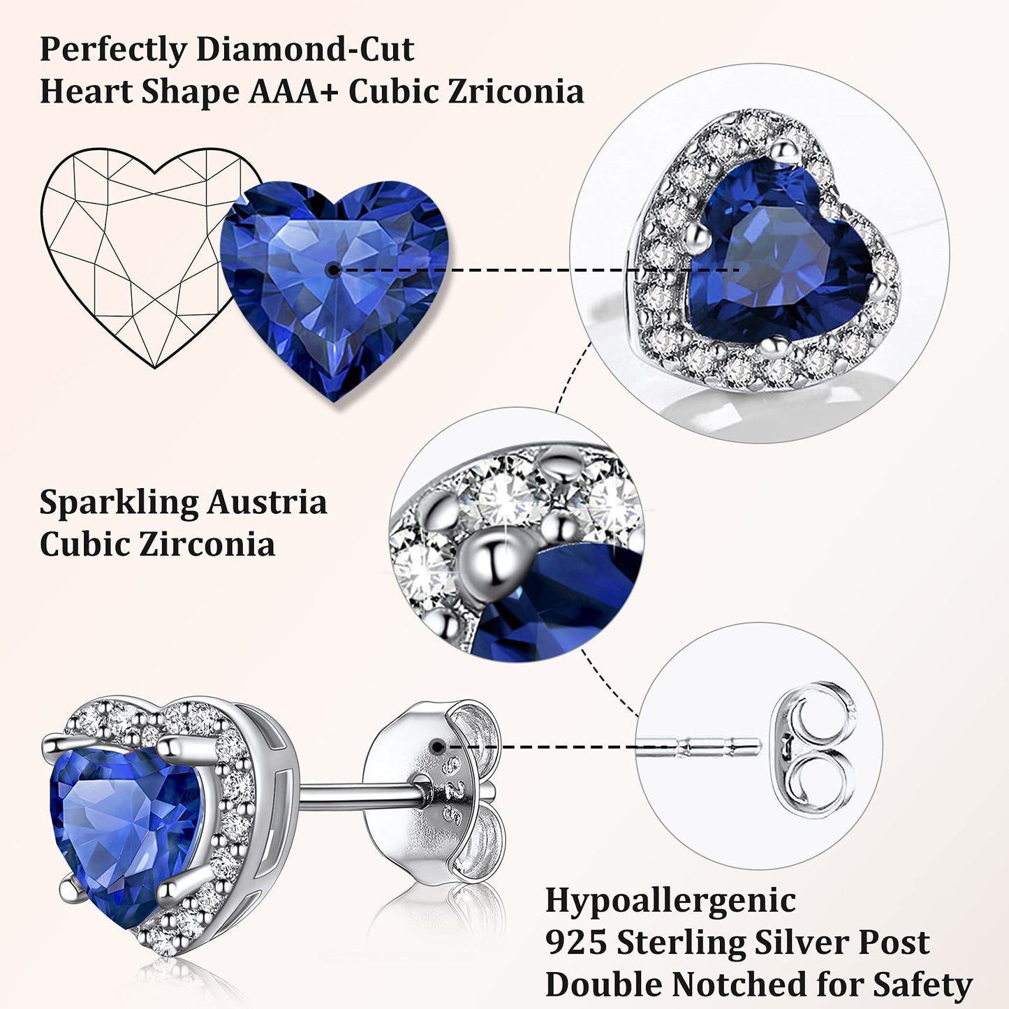 Birthstone Stud Earrings for Women, 925 Sterling Silver Heart Created Diamond Studs Earrings Christmas/Birthday Gifts - September