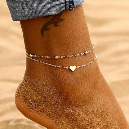 Women'S Anklet Bohemian Layered Heart Anklet Summer Beach Anklets on Foot Ankle Bracelets for Women Leg Chain