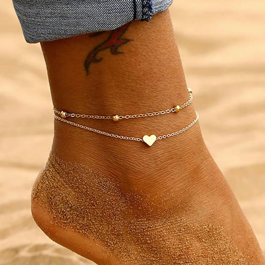 Women'S Anklet Bohemian Layered Heart Anklet Summer Beach Anklets on Foot Ankle Bracelets for Women Leg Chain
