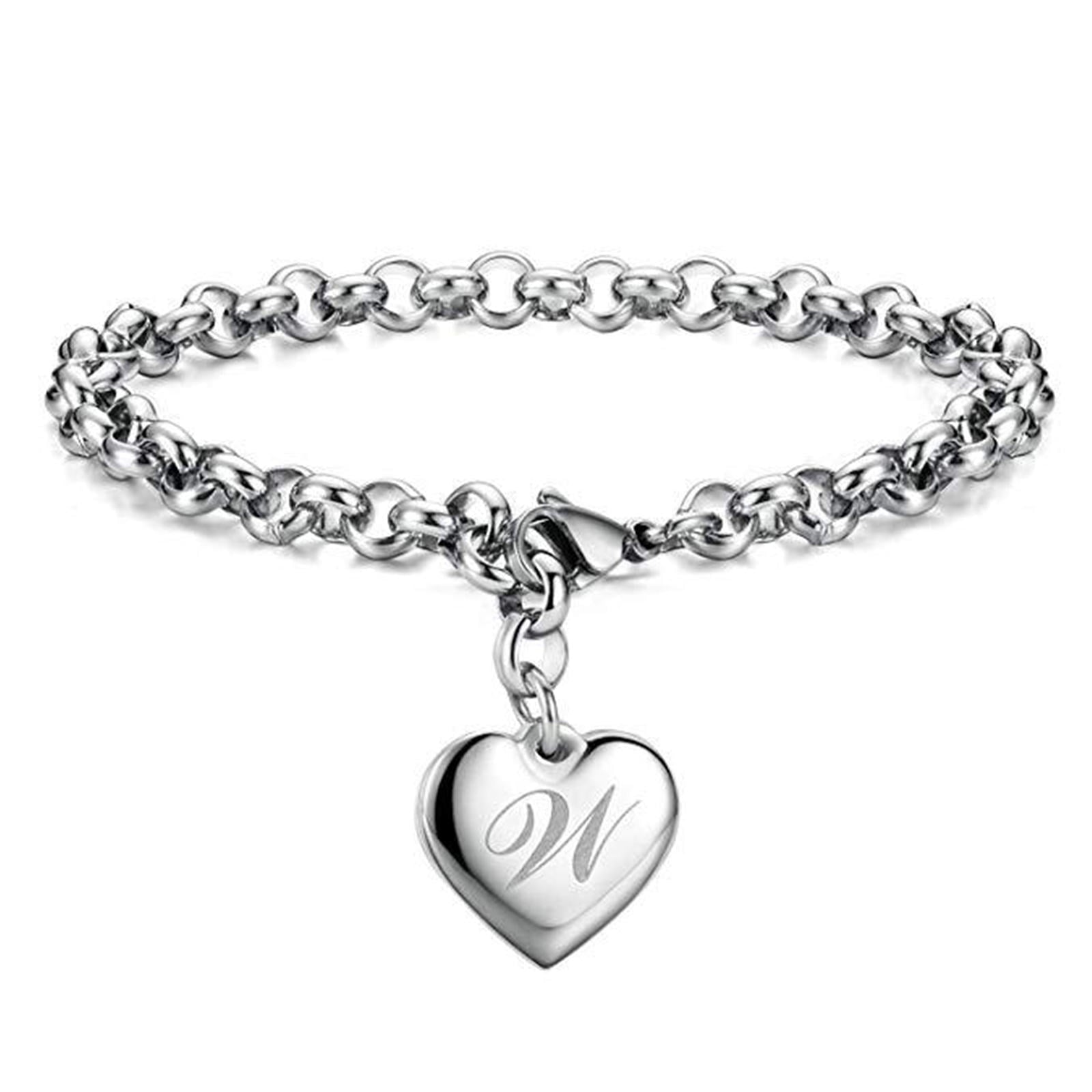 Bracelet for Women Initial Charm Bracelets for Teen Girls Stainless Steel Heart Charm Bracelets for Women 26 Letters Alphabet Bracelet Jewelry Gifts for Teenage Girls Accessories M