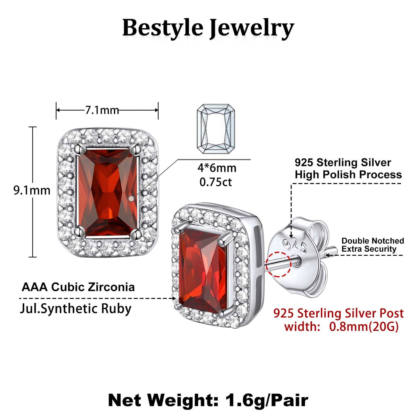 Square Diamond Stud Earrings July Ruby Birthstone Earrings, Sterling Silver Earrings Birthday Jewelry Gift for Women