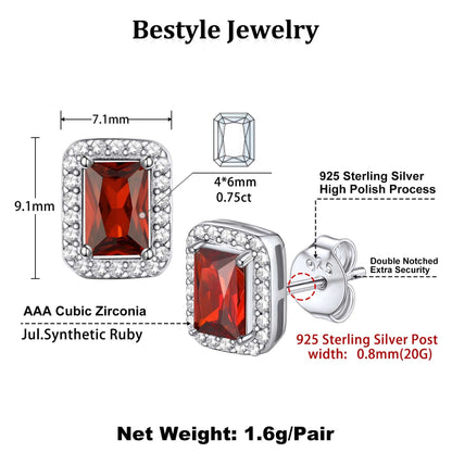 Square Diamond Stud Earrings July Ruby Birthstone Earrings, Sterling Silver Earrings Birthday Jewelry Gift for Women