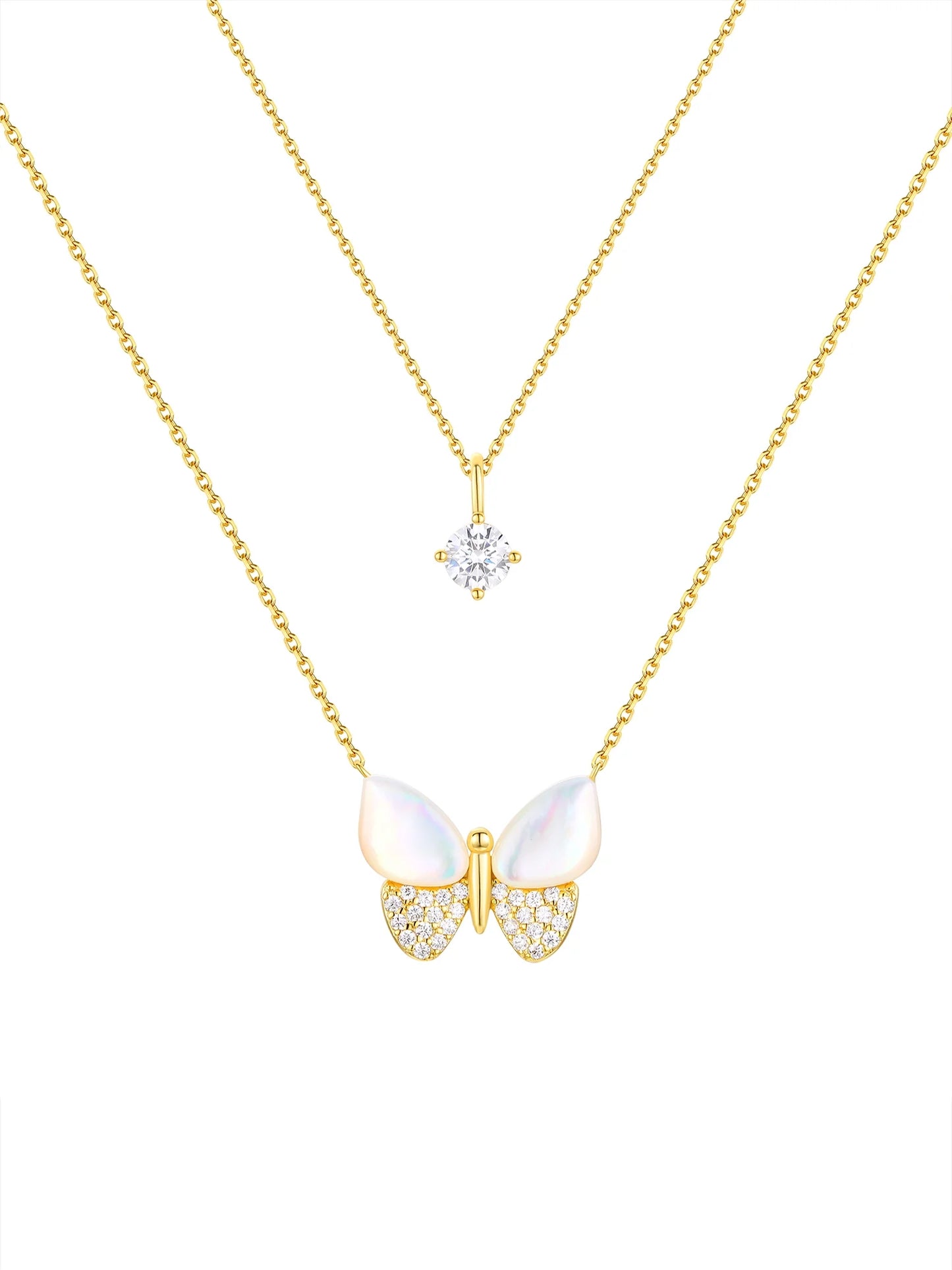 Mother of Pearl & Cubic Zirconia Butterfly Necklaces in 14KT Gold Flash Plated