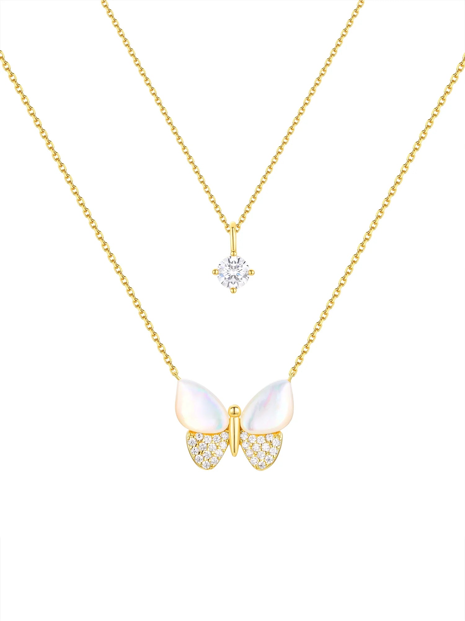 Mother of Pearl & Cubic Zirconia Butterfly Necklaces in 14KT Gold Flash Plated