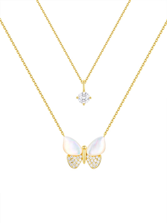Mother of Pearl & Cubic Zirconia Butterfly Necklaces in 14KT Gold Flash Plated