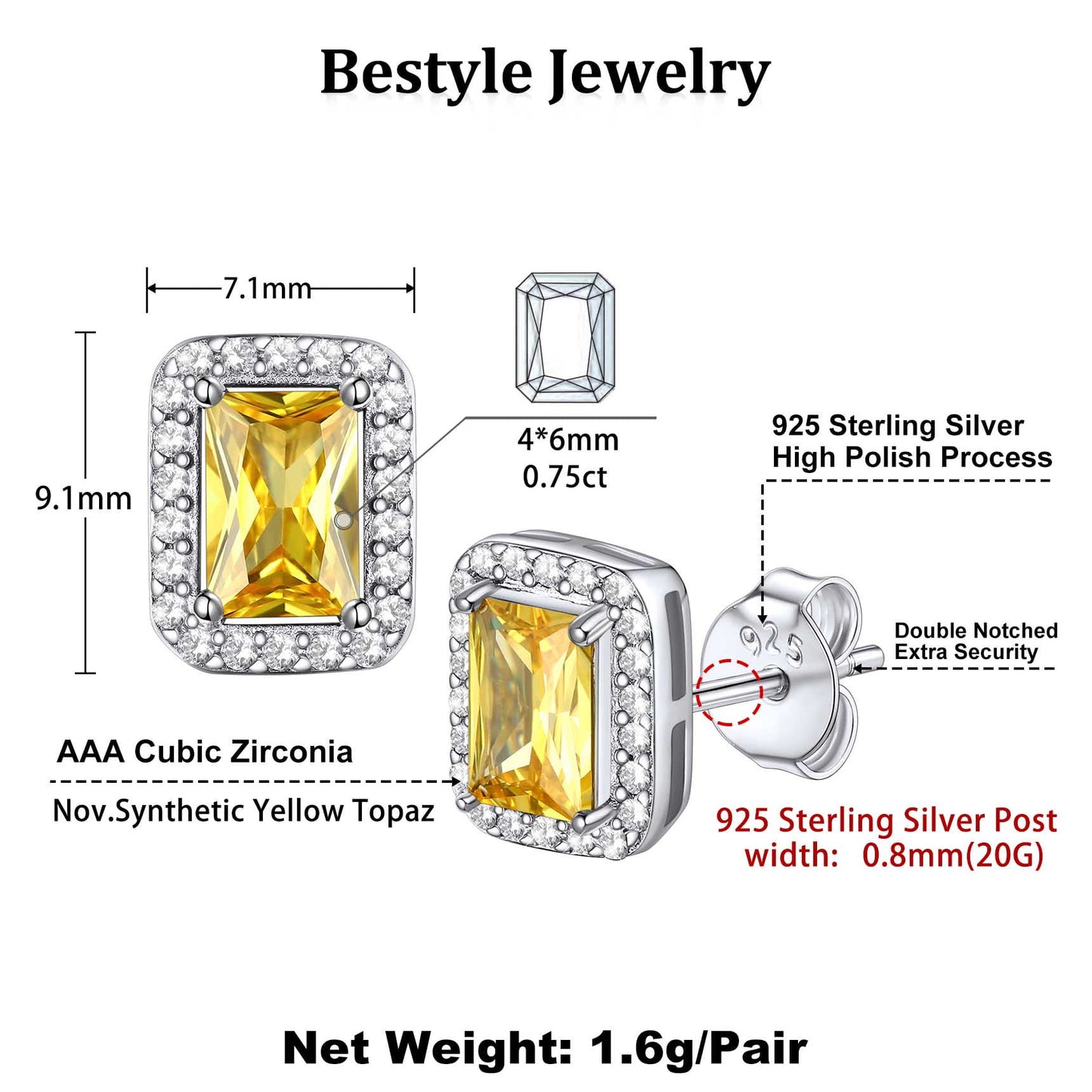 Square Diamond Stud Earrings November Citrine Birthstone Earrings, Sterling Silver Earrings Birthday Jewelry Gift for Women