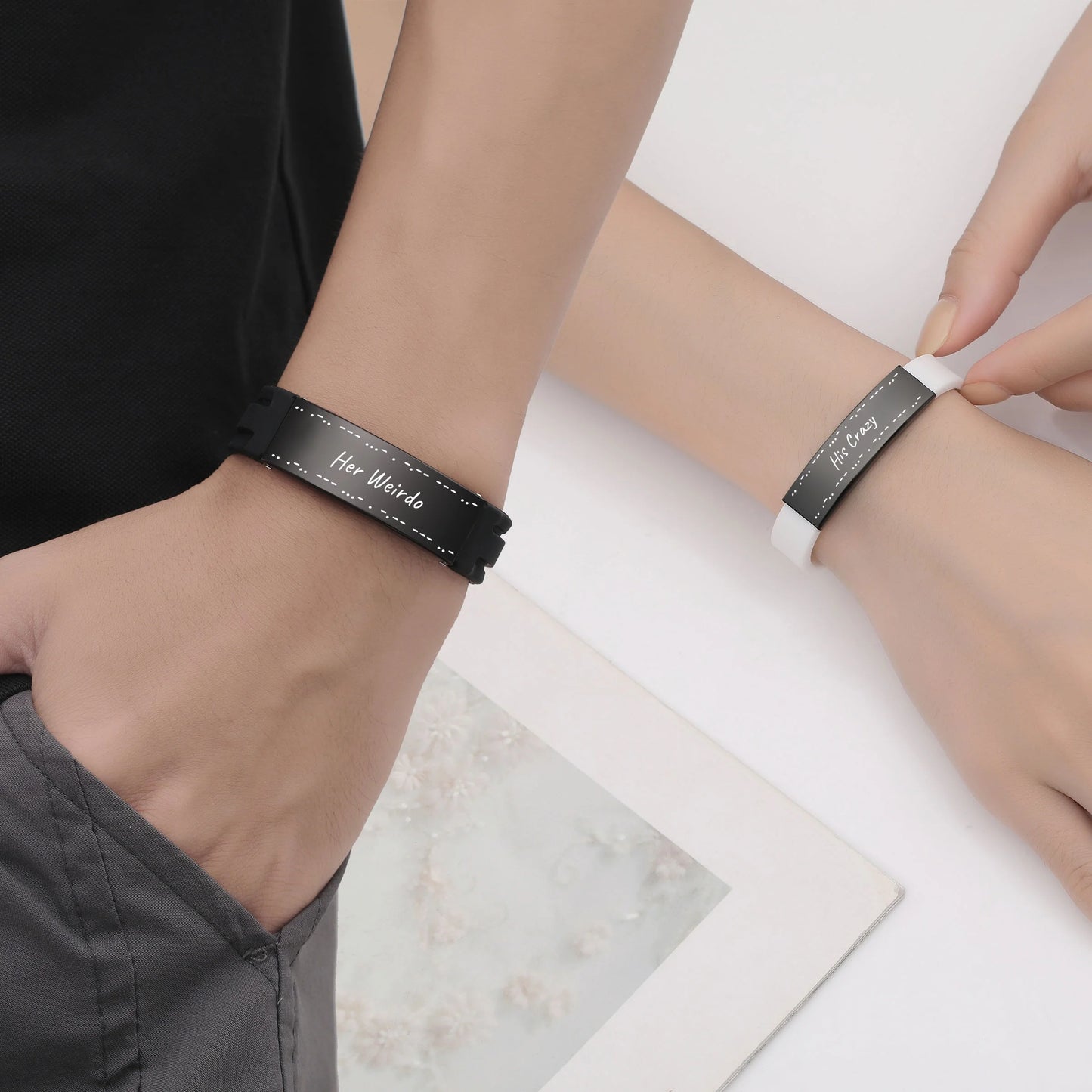 Stainless Steel and Silicone Couple Set Matching Bracelets, His Crazy Her Weird