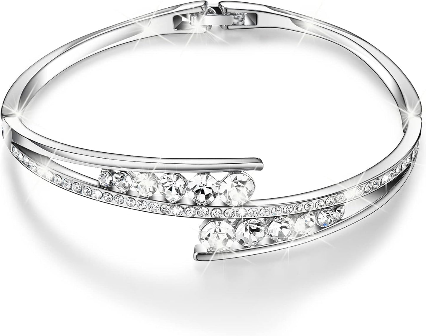 Love Encounter Crystals Bangle Bracelets for Women White Gold Plated Adjustable Hinged Jewelry