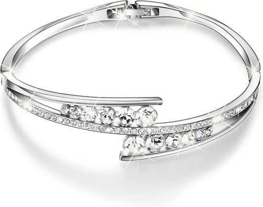 Love Encounter Crystals Bangle Bracelets for Women White Gold Plated Adjustable Hinged Jewelry