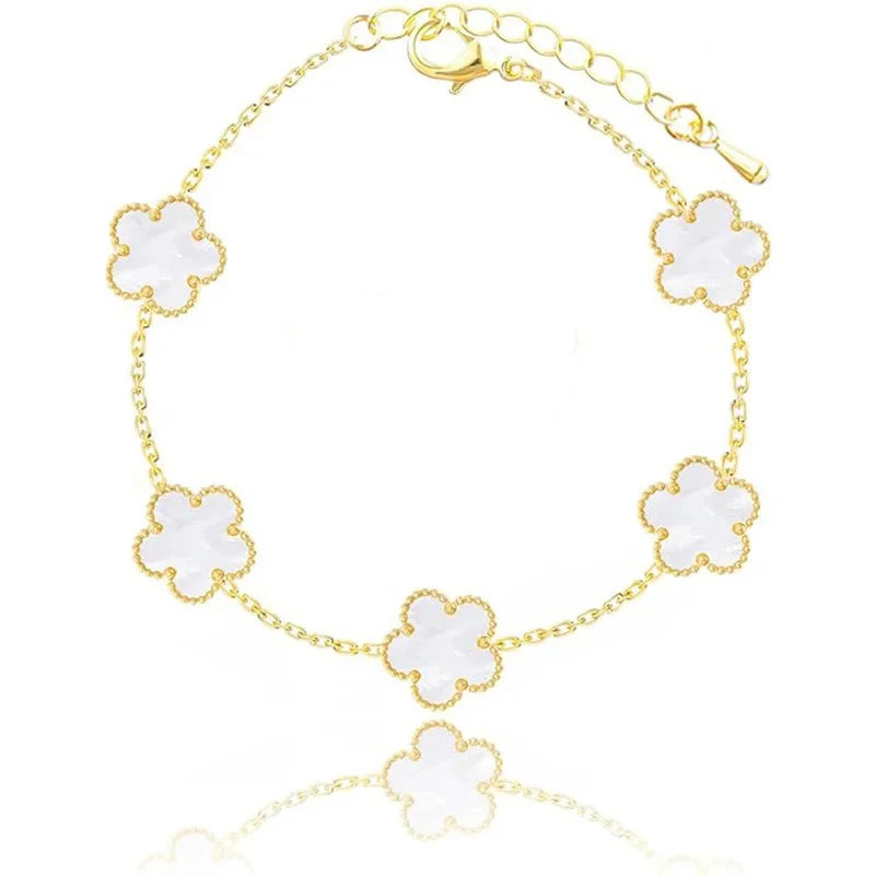 Trend Clover Bracelet for Women Girls 14K Gold Plated Stainless Steel Five Leaf Flower Dainty Lucky Link Bracelets Party Jewelry
