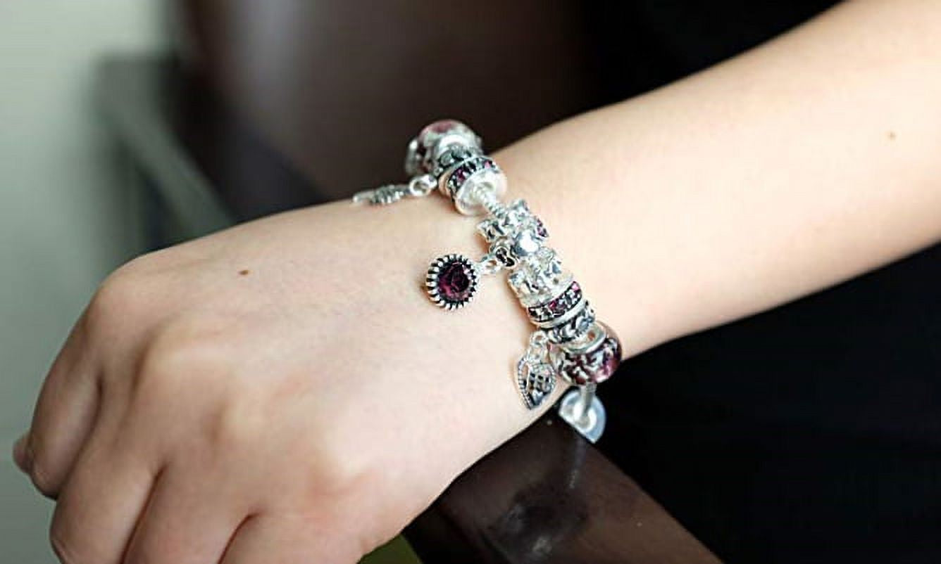 Birthstone Bracelet Multi-Color Charm Beads Silvertone