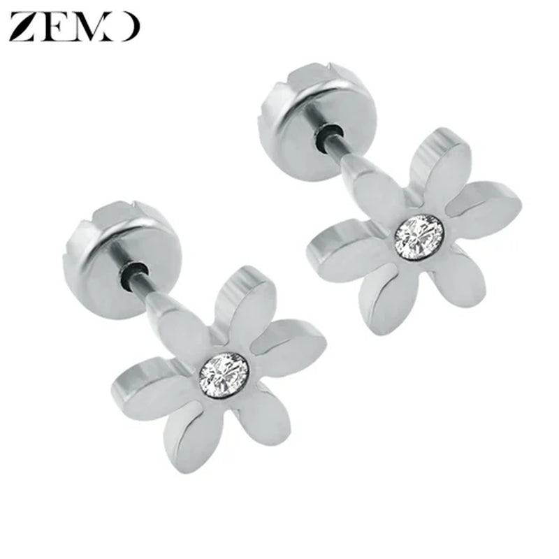 Flower Baby Earrings 316L Stainless Steel Small Stud Earrings Heart Kid Studs Ear Earrings Female Piercing Jewelry Women