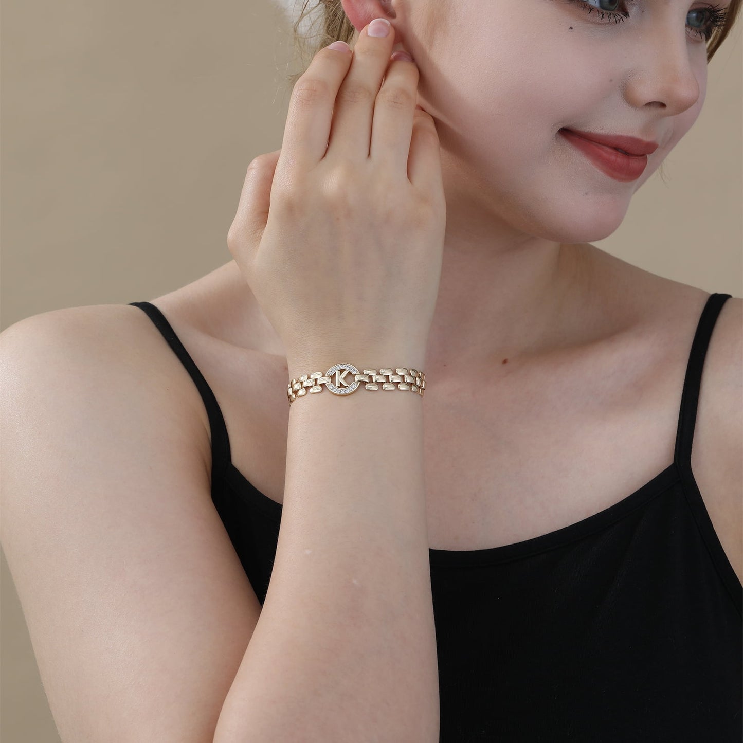 14K Gold Plated Initial Bracelets for Women Mom Wife Mommy Daughter Cubic Zirconia Watch Bangle Wrist Charm Bracelet Alphabet Letter S Chain Bracelet Birthday Mother'S Day Jewelry Gifts for Her
