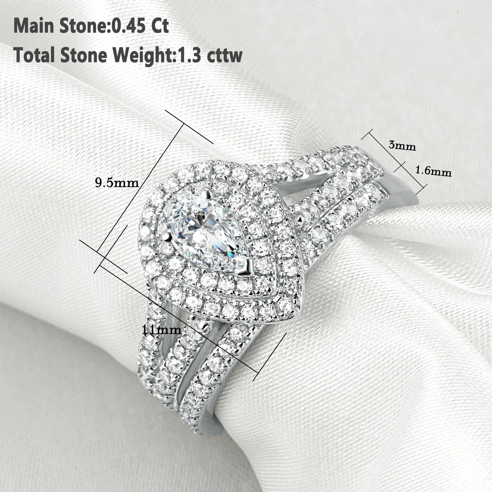 Newshe Wedding Rings for Women Engagement Ring Set 925 Sterling Silver 1.3Ct Pear White Cz Size 9