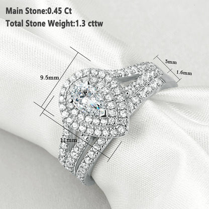 Newshe Wedding Rings for Women Engagement Ring Set 925 Sterling Silver 1.3Ct Pear White Cz Size 9