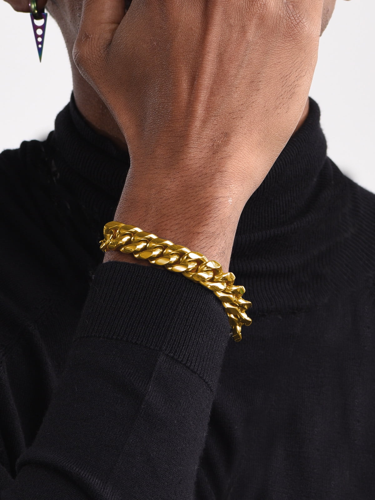 Gold Plated Bracelet for Men Chunky Cuban Bracelet 14MM 7.5 Inch Chain Bracelet Stainless Steel Gift for Him