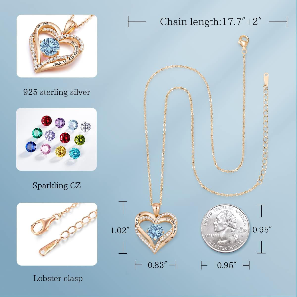 Forever Love Heart Necklaces for Women, Wedding Anniversary, Birthday Mothers Day Gifts for Mom, Mother, Wife, Girlfriend, S925 Silver Jewelry with Birthstone Pendant