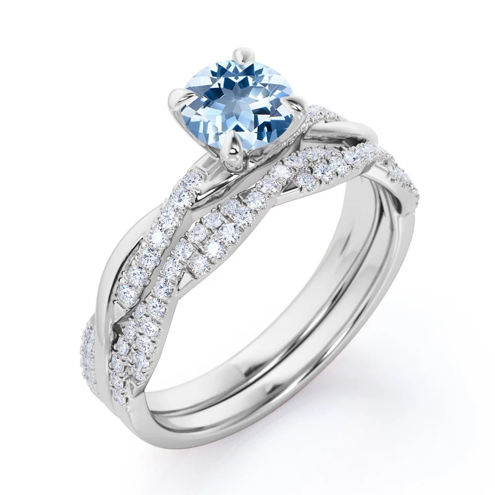 Twisted Pave - 1.75 Carat round Shaped Vivid Blue Created Aquamarine and Moissanite - Four Prong Wedding Set - 18K White Gold Plating over Silver