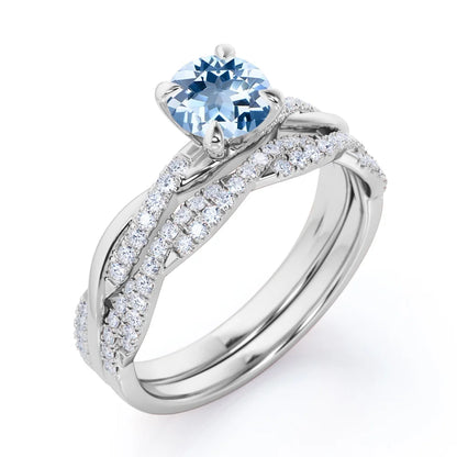 Twisted Pave - 1.75 Carat round Shaped Vivid Blue Created Aquamarine and Moissanite - Four Prong Wedding Set - 18K White Gold Plating over Silver