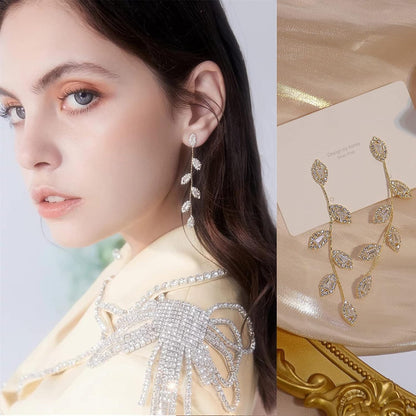 Bridal Earrings for Wedding Rhinestone Dangle Earrings Leaf Earrings Long Earrings Elegant for Women