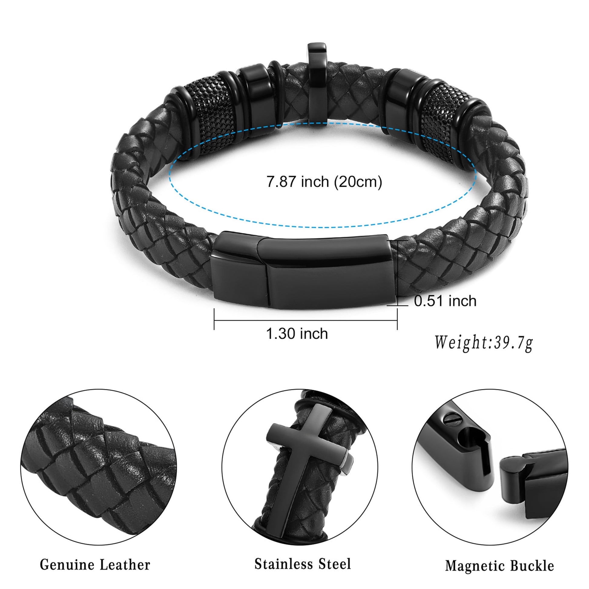 Mens Double-Band Black Braided Leather Bangle Bracelets Cremation Jewelry for Ashes Wristband Memorial Urn Bangle with Cross Charm