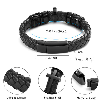 Mens Double-Band Black Braided Leather Bangle Bracelets Cremation Jewelry for Ashes Wristband Memorial Urn Bangle with Cross Charm