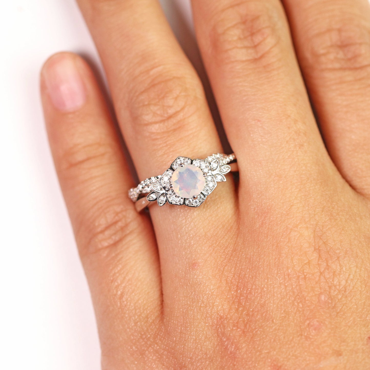 1.75 Ct Genuine round Blue Opal and Moissanite Bridal Ring Set in 18K White Gold over Silver
