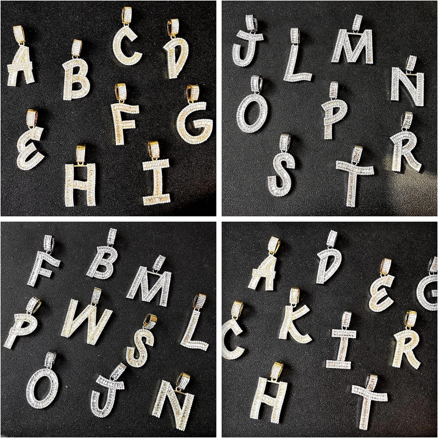Bling Silver Gold Iced Out Baguette Initial Letter Necklaces for Men Women Big Cz Diamond Capital Letter Pendant A-Z with Rope Tennis Chains