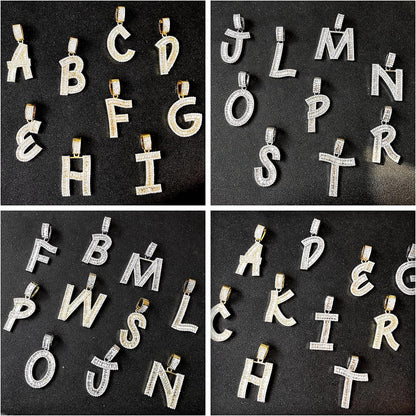Bling Silver Gold Iced Out Baguette Initial Letter Necklaces for Men Women Big Cz Diamond Capital Letter Pendant A-Z with Rope Tennis Chains