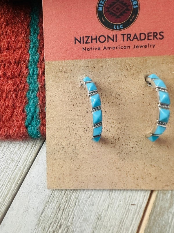 Navajo Turquoise & Sterling Silver Hoop Earrings