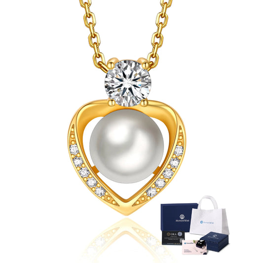 14K Gold Plated Silver Pearl Pendant Necklace,Round Cut Simulated Diamond Heart Necklace Anniversary Wedding Gift for Her