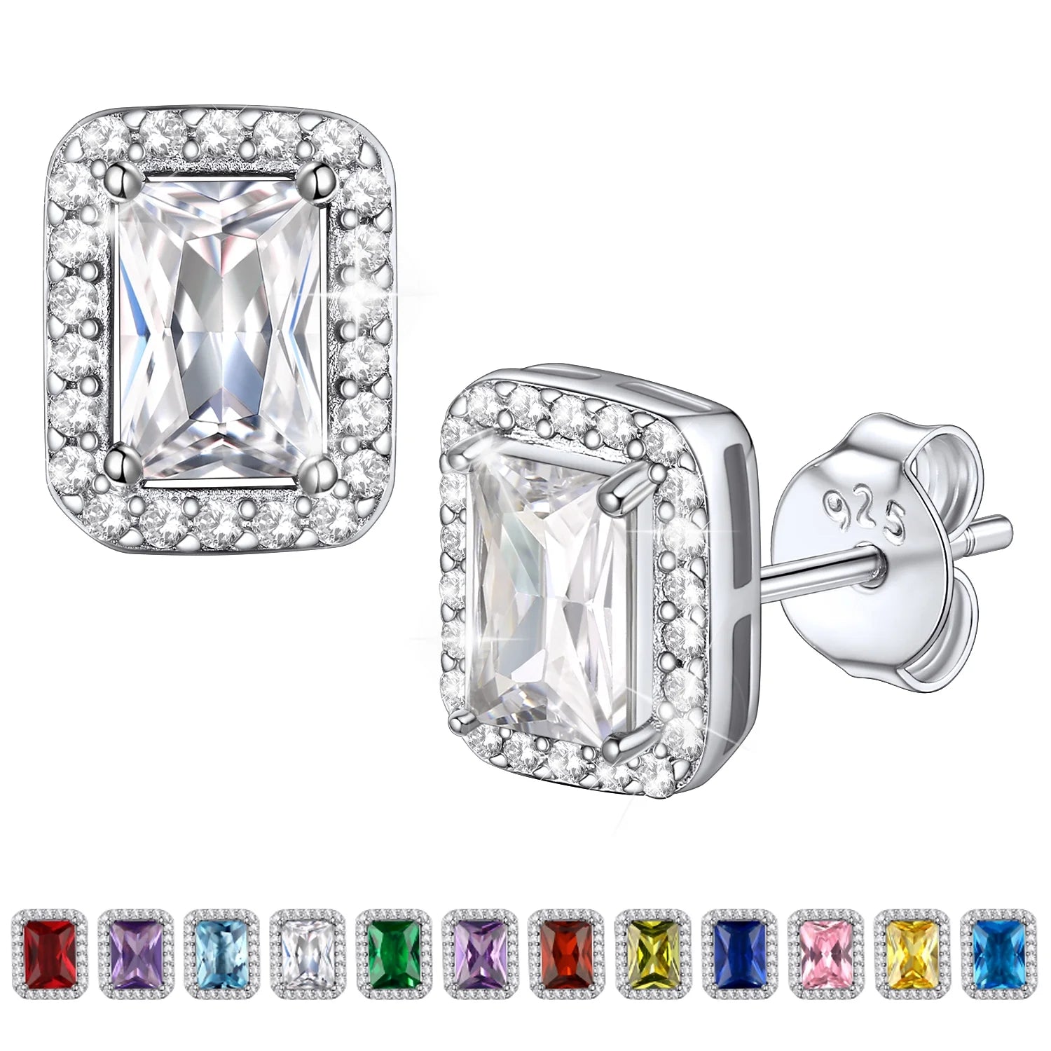 Square Stud Earrings April Diamond Birthstone Earrings, Sterling Silver Earrings Birthday Jewelry Gift for Women