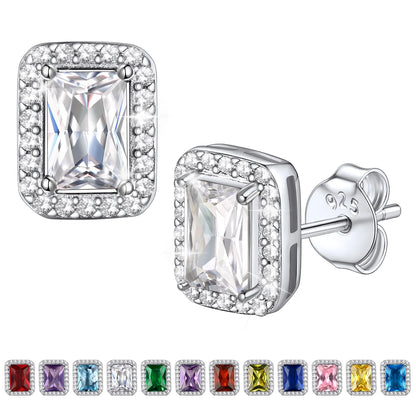 Square Stud Earrings April Diamond Birthstone Earrings, Sterling Silver Earrings Birthday Jewelry Gift for Women