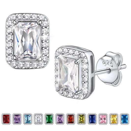 Square Stud Earrings April Diamond Birthstone Earrings, Sterling Silver Earrings Birthday Jewelry Gift for Women